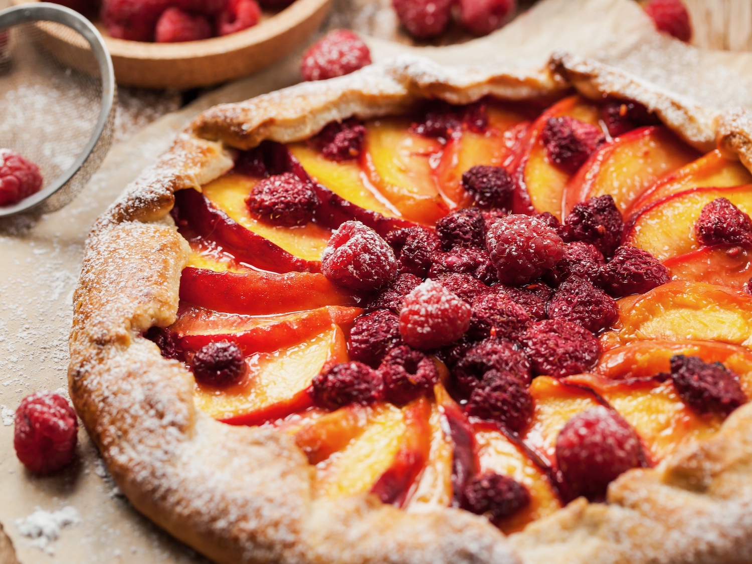 open pie with peach and raspberry