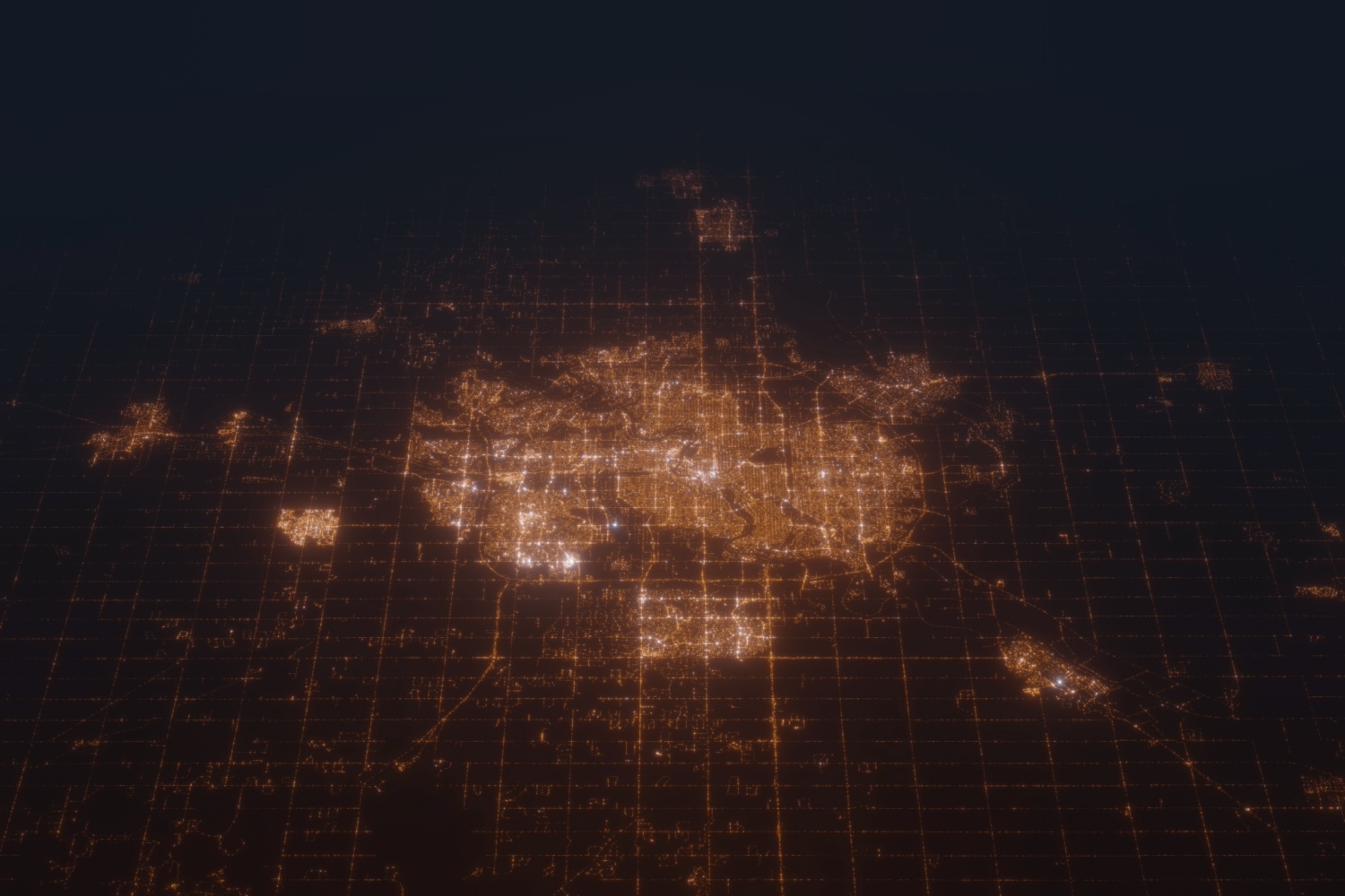 Aerial shot on Edmonton (Canada) at night, view from east. Imitation of satellite view on modern city with street lights and glow effect. 3d render