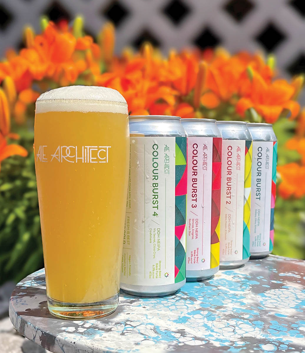 AleArchitect_4CansOfColourBurstBeer_Numbered_PintOfBeerInFront