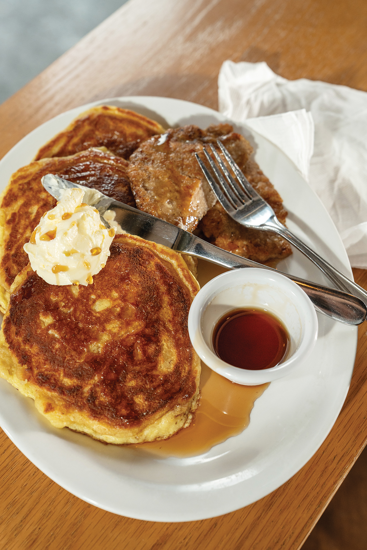 BR_Rosewood_Pancakes_Butter_Syrup on Plate wKnifeandFork