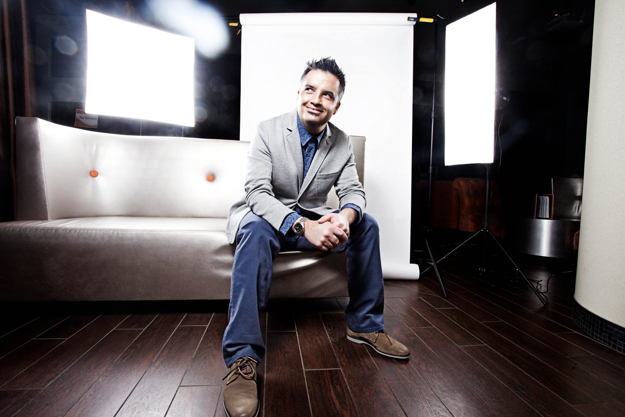 Zegna jeans, $350, Hugo Boss shirt, $195, wings + horns blazer, $490, John Varvatos Collection Oxford shoes, $398, all from Henry Singer.