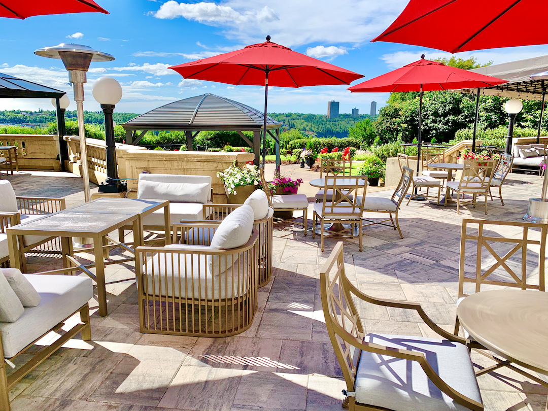 Confederation Lounge at Fairmont Hotel Macdonald patio 2021