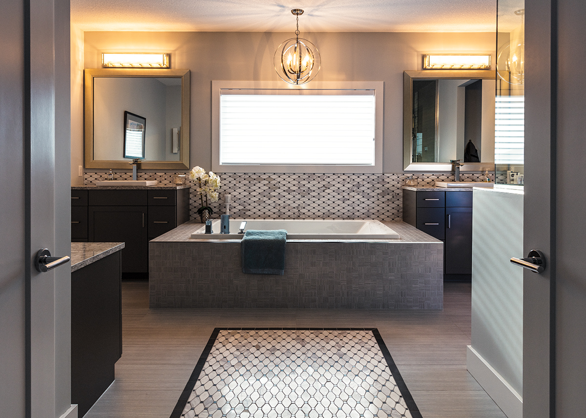 Tile Payless Flooring; tub, faucets, sink EMCO; cabinets Huntwood; lights Park Lighting; Mirrors Nerval