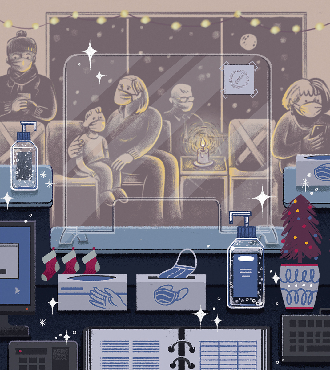 Drawing_MaskedPeopleOnBus_COVIDSupplies