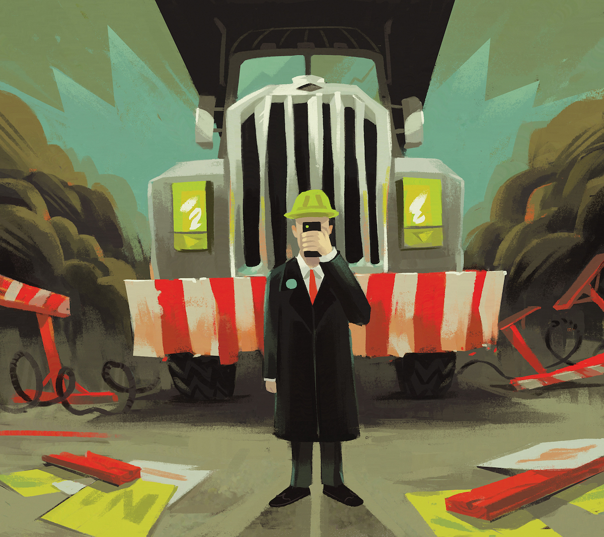 DressedUpMan_BigTruckComingUpBack