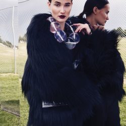 MM6 faux fur coat, $985, from Simons; Anne B resin necklace, $425; Rag and Bone leather sweatpants, $450, from Gravity Pope