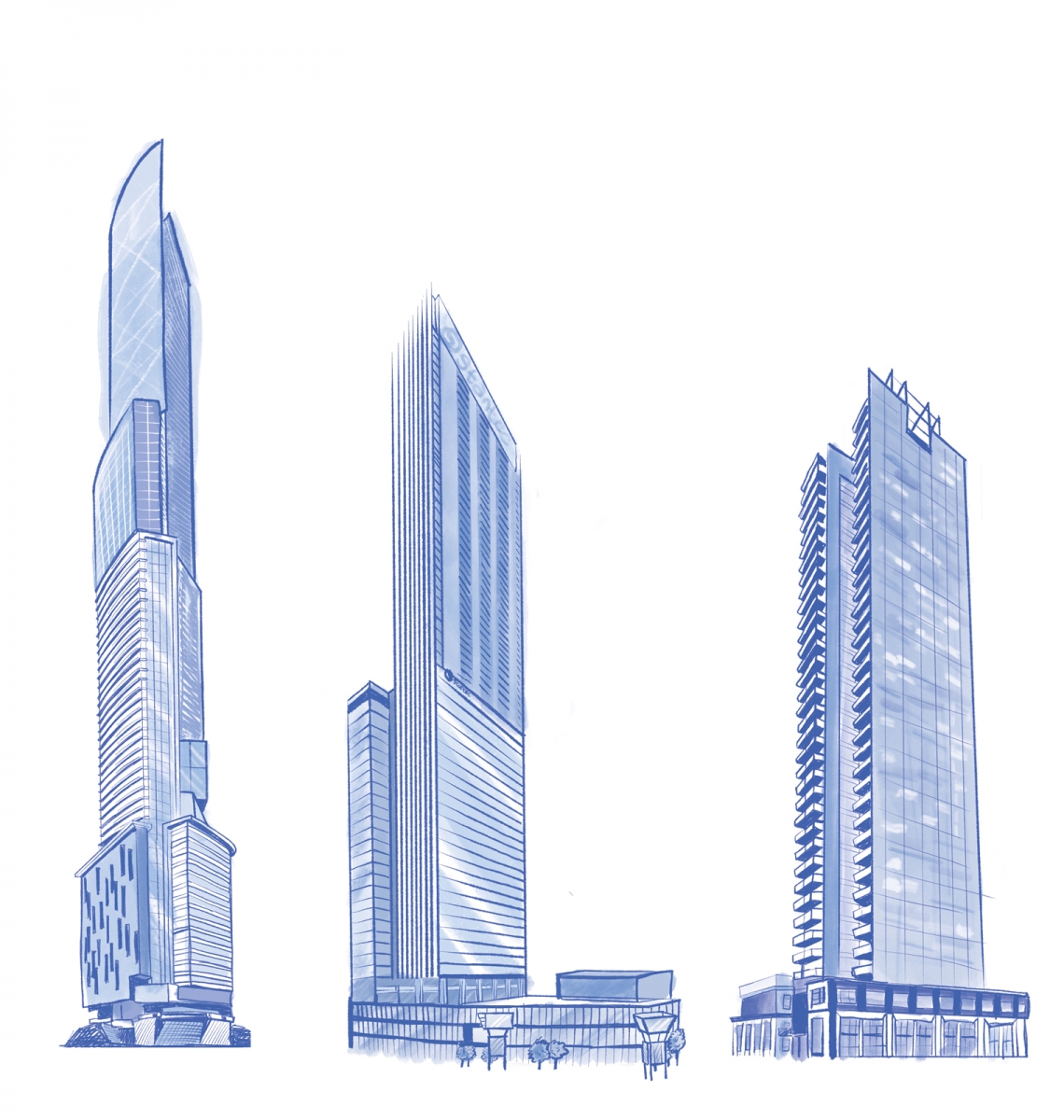 Alldritt Tower (80 storeys); Stantec Tower (66 storeys); Encore Tower (43 storeys) Alldritt Tower (80 storeys); Stantec Tower (66 storeys); Encore Tower (43 storeys)