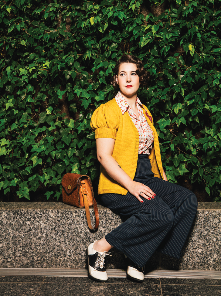 Sweater and blouse handmade by Laurie Callsen; pants from Heyday! Vintage Style; reproduction shoes; vintage bag, ring and engagement ring; wedding band custom-made by Beck Antiques and Jewellery; reproduction brooch from Erstwilder