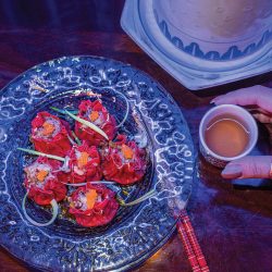 FUs Siu Mai Dumplings Clear GlassPlate Red Chopsticks Tea Pot Blue Red