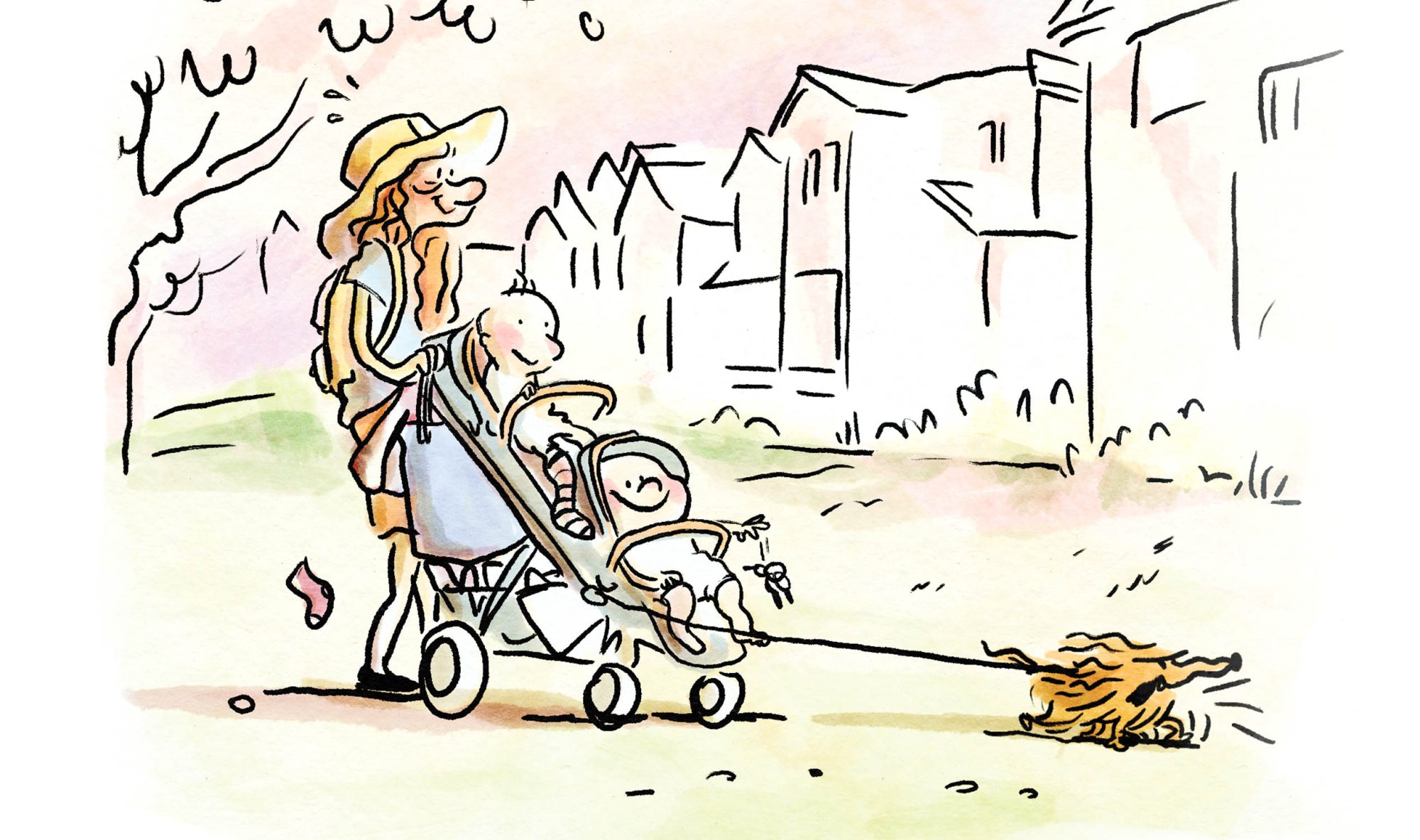 FemaleWalkingKidsInStroller_DogYappingAheadOnLeash_Illo_4C