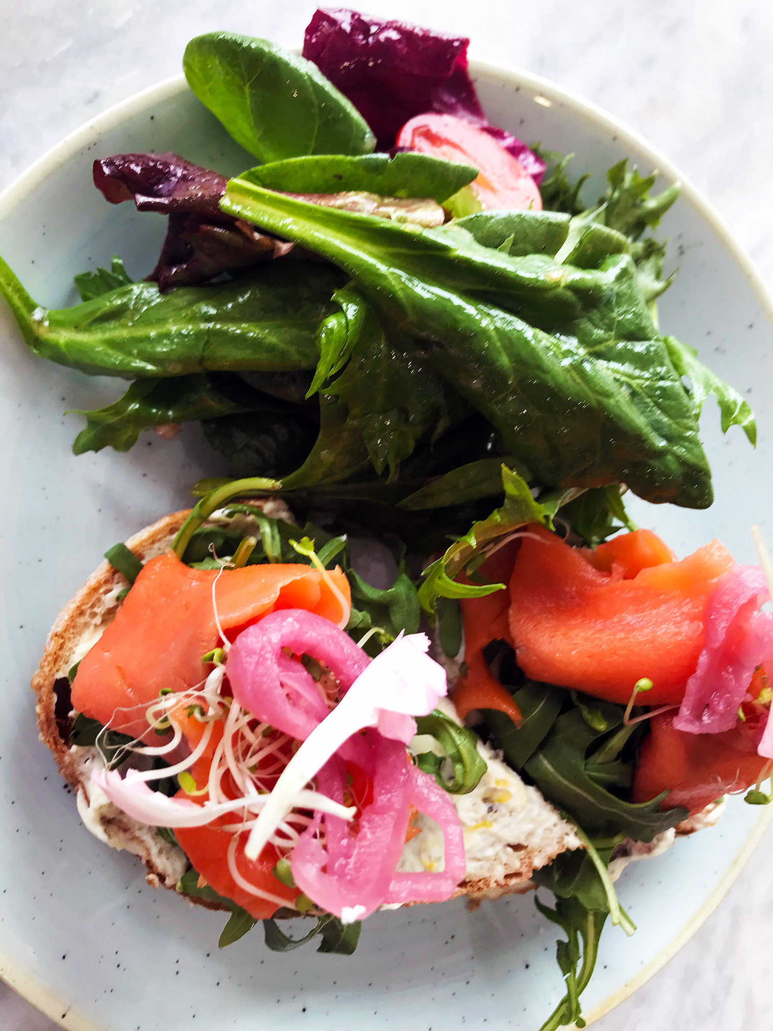 Salmon open-faced sandwich with beets, spinach, sprouts, tomato and endive
