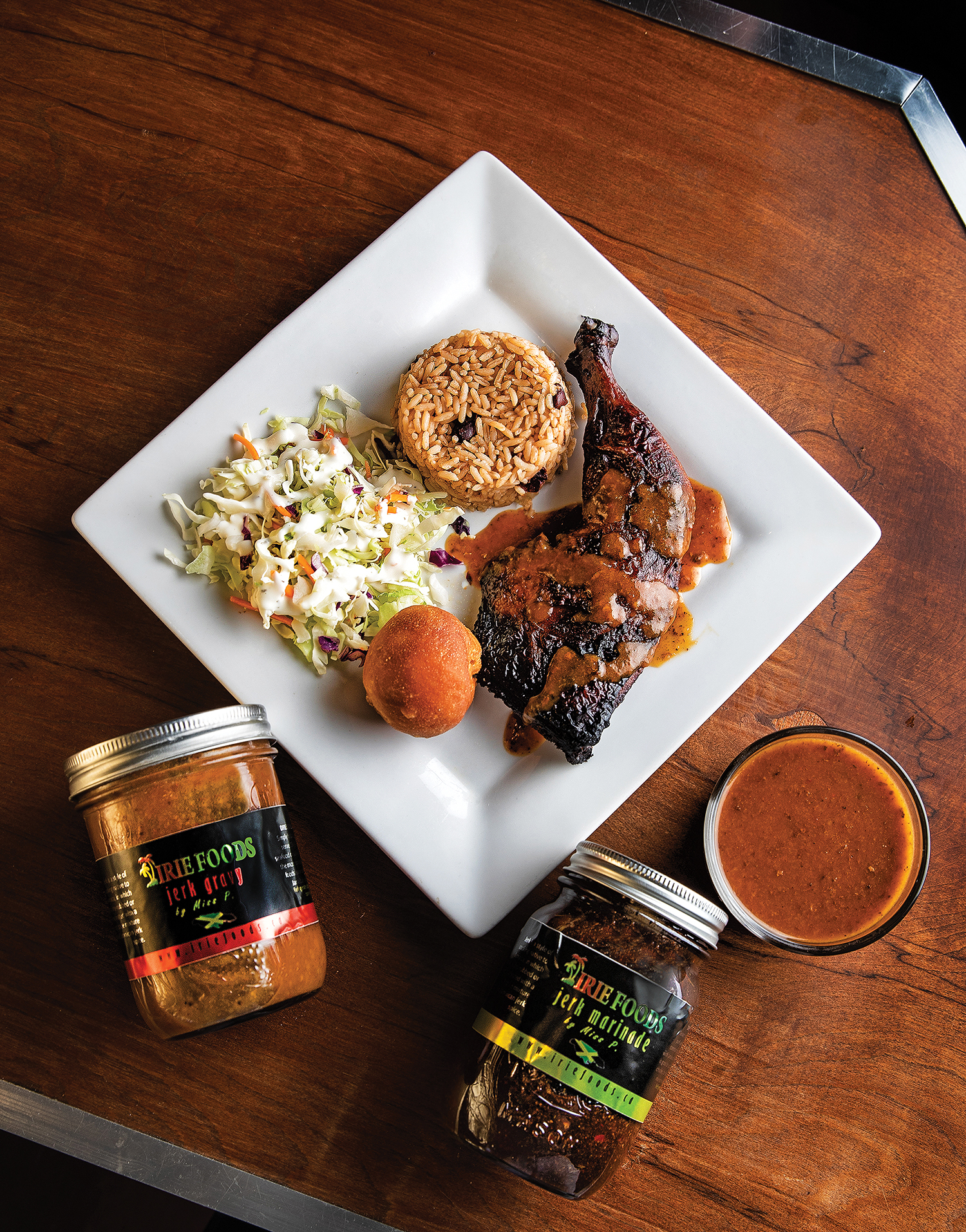 IrieFoods_WhiteSquarePlateWithJerkChicken_FromAbove
