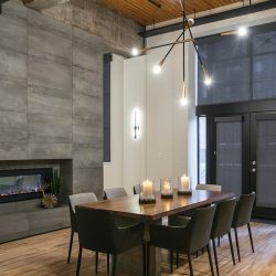 Loft_DiningTable_GreyFeatureWall_ElectricFireplace_OpenCeiling