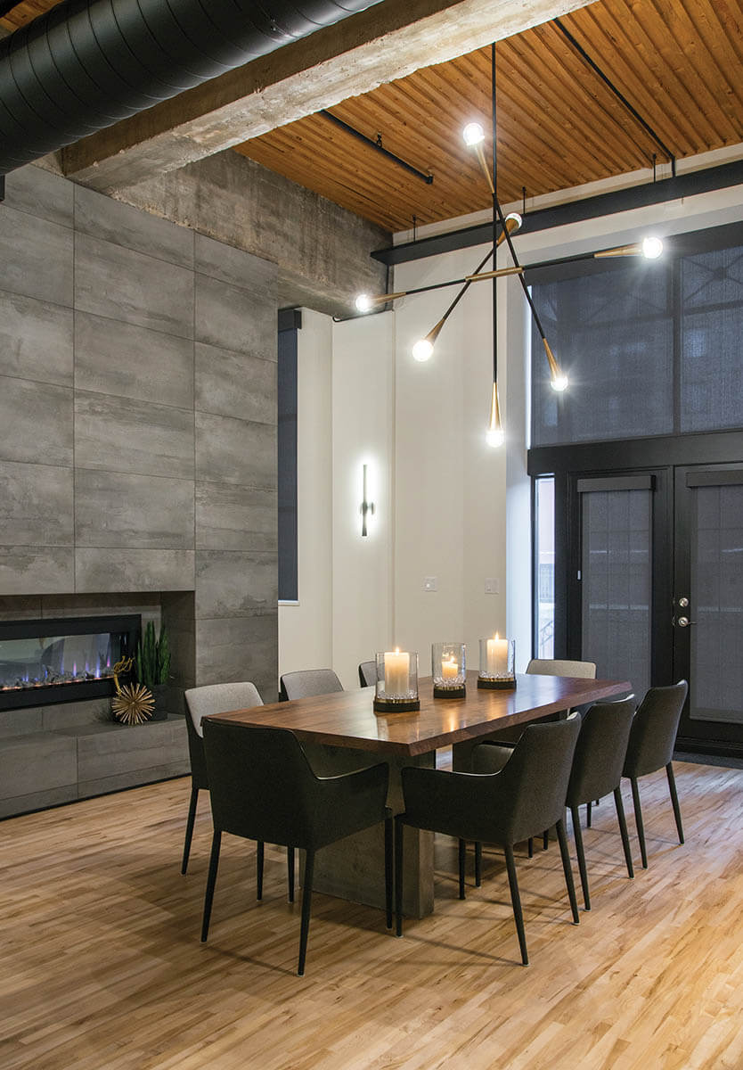 Loft_DiningTable_GreyFeatureWall_ElectricFireplace_OpenCeiling