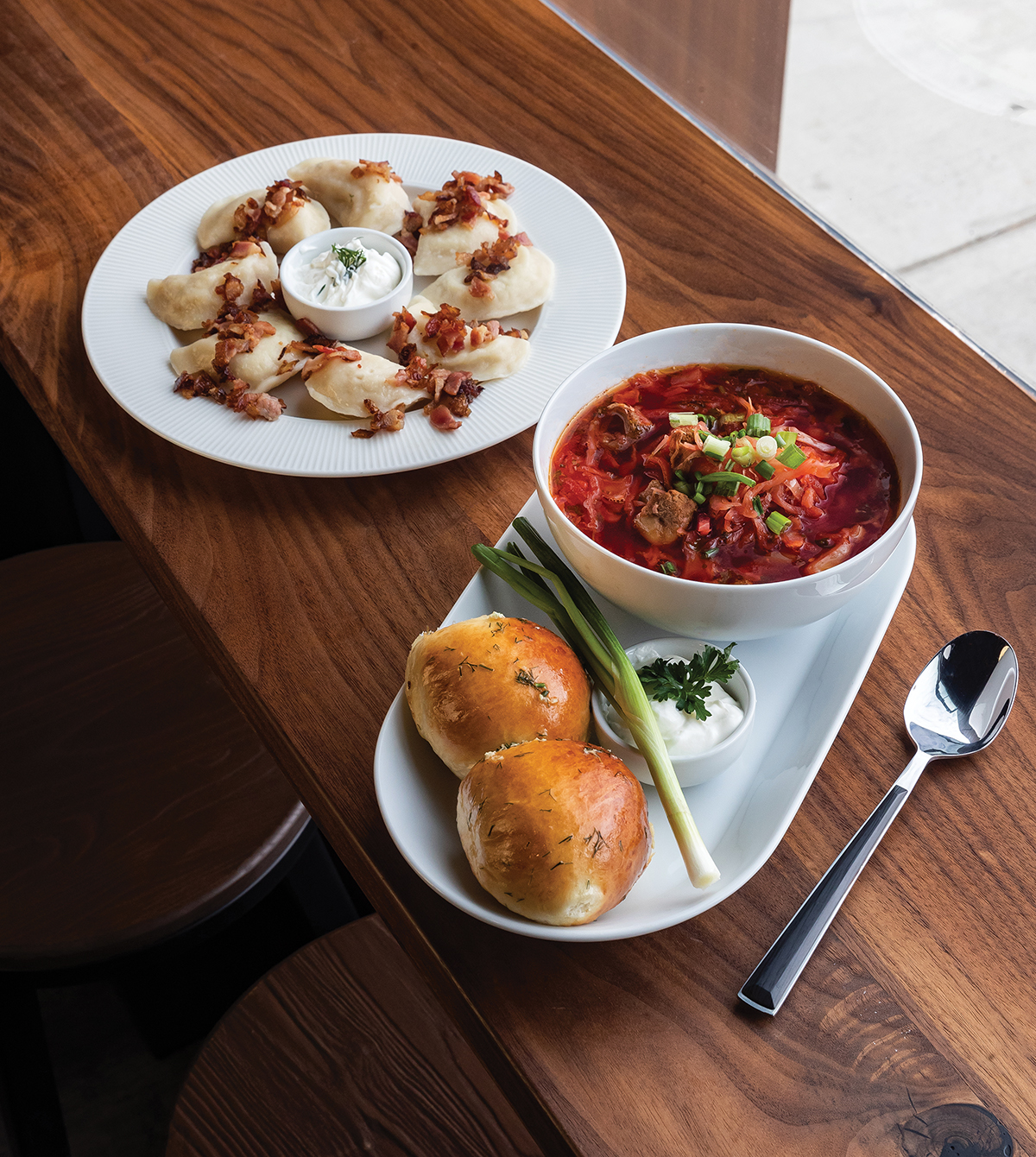 Pierogi with bacon; borscht with pampushki