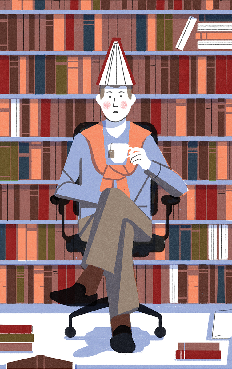 ManSitting_DrinkingTea_Library_DunceHat_Illo
