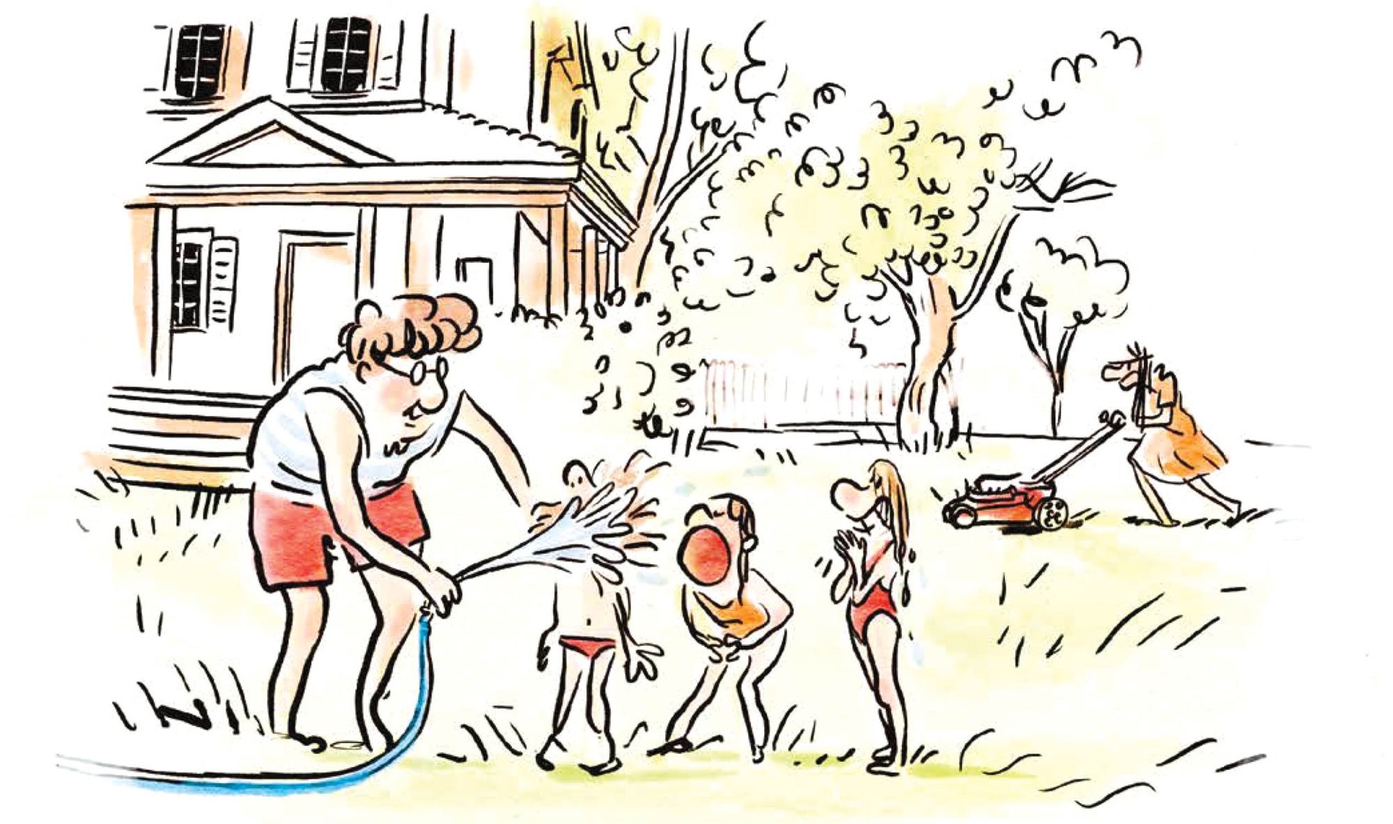 ManSprayingKidsWithGardenHose_WomanCuttingGrassBehind_Illo_4C