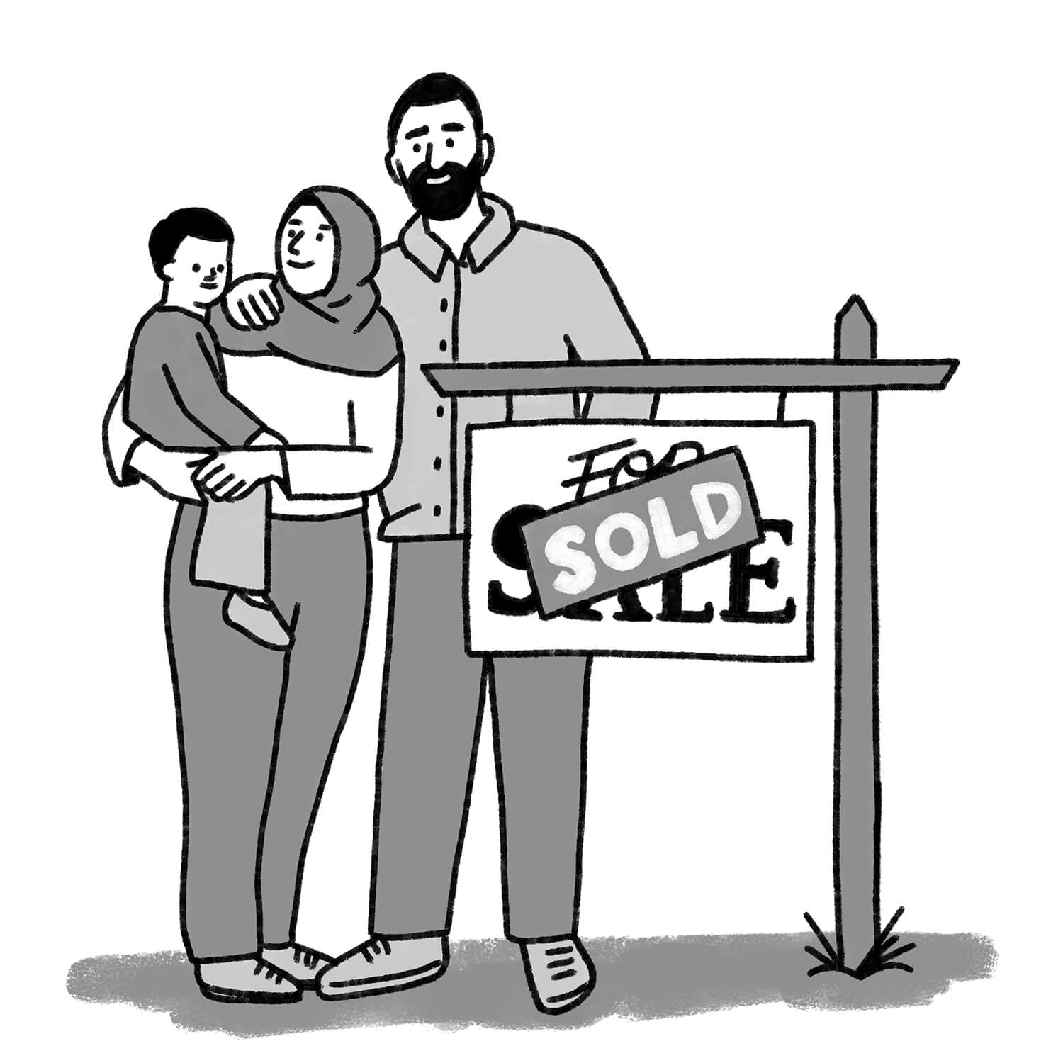 Mortgage_MuslimFamily_SoldSign_Illo_White_BW
