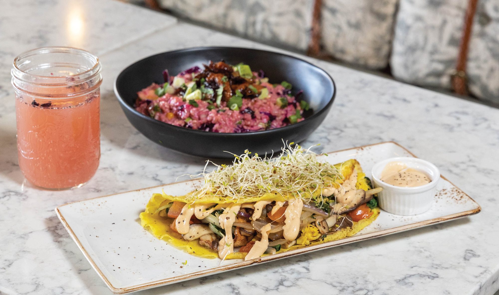 Moth_WhiteRectanglePlate_Drink_Salad_WhiteMarbleTable