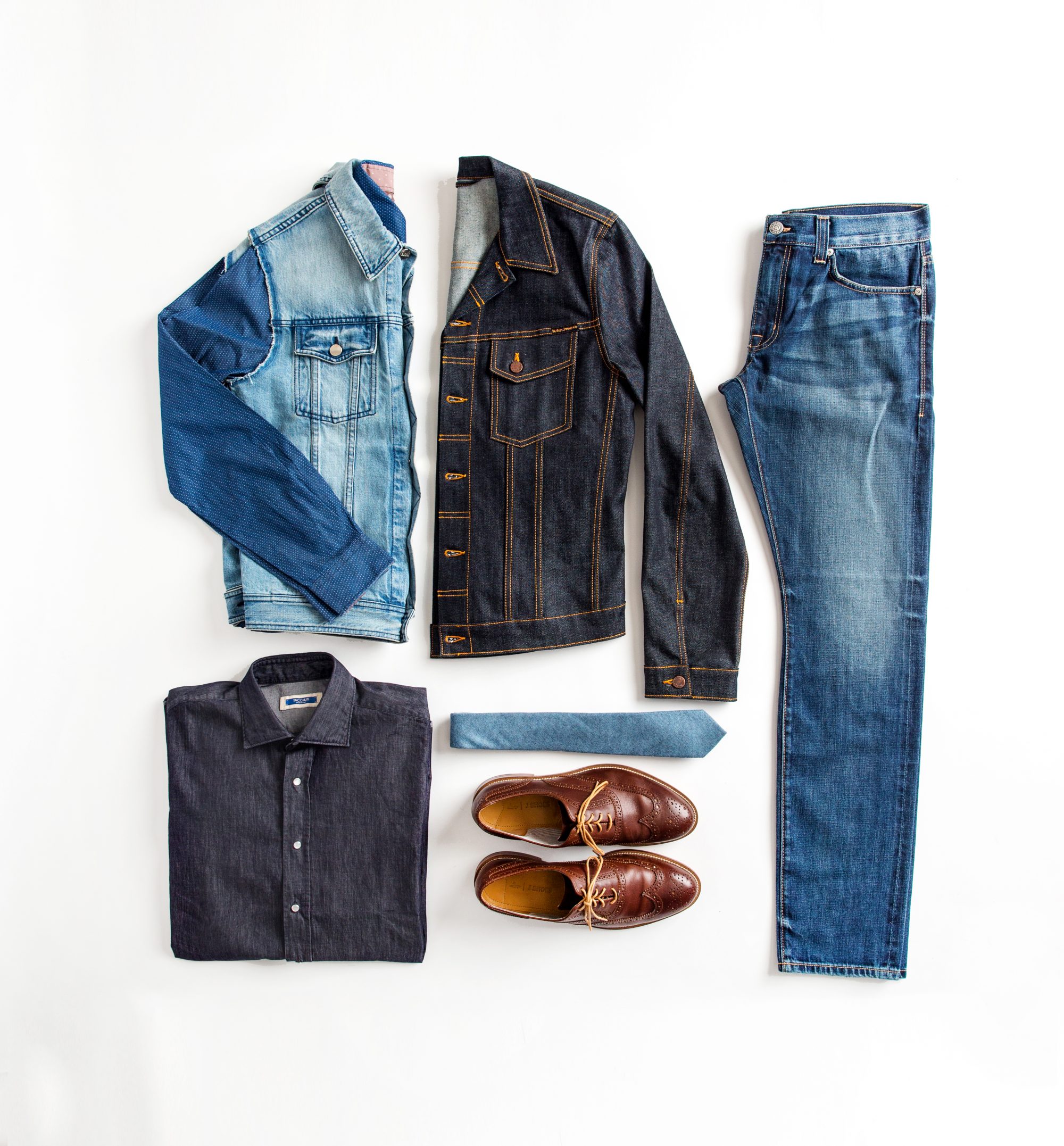 Outfit Grid (Clockwise top left): Matinique micro dot shirt, $129, from Jaisel, AMI vest, $385, The Helm, Nudie Jeans jacket, $199, from Jaisel, Fidelity Denim jeans, $289, from Derks, Glendon Lambert tie, $99, from Derks, J. Shoes shoes, $199, from Jaisel, Taccaliti shirt, $225, from The Helm.