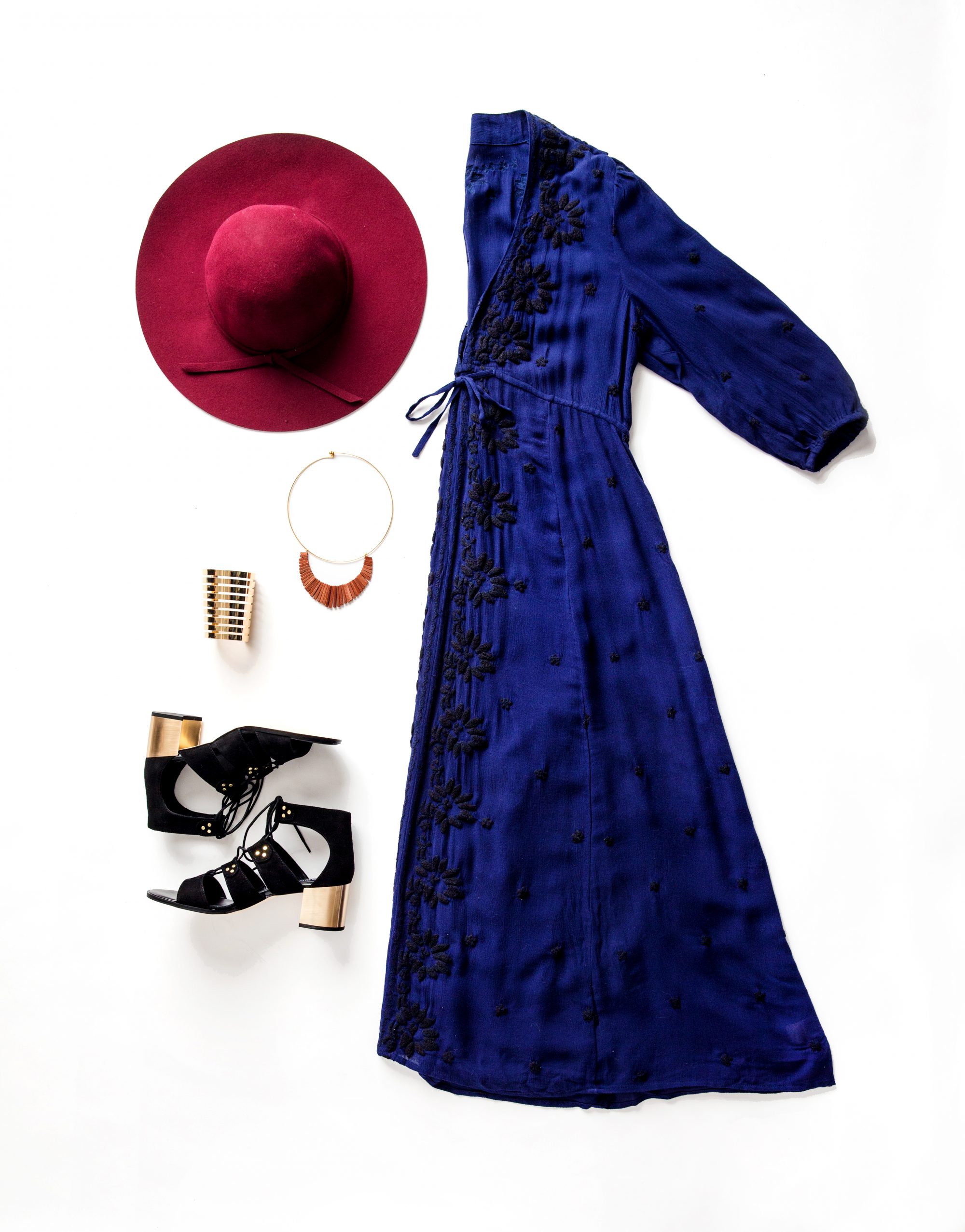 Outfit Grid: Hat, $45,Free People dress, $185, Kiko necklace, $75, from The Bamboo Ballroom, Bracelet, $19, all from The Bamboo Ballroom, Senso shoes, $265, from Coup {Garment Boutique}