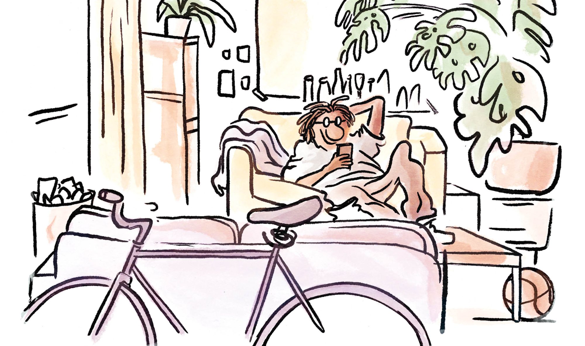 PersonLookingAtCellPhone_LoungingOnCouch_BicycleInFront_4C