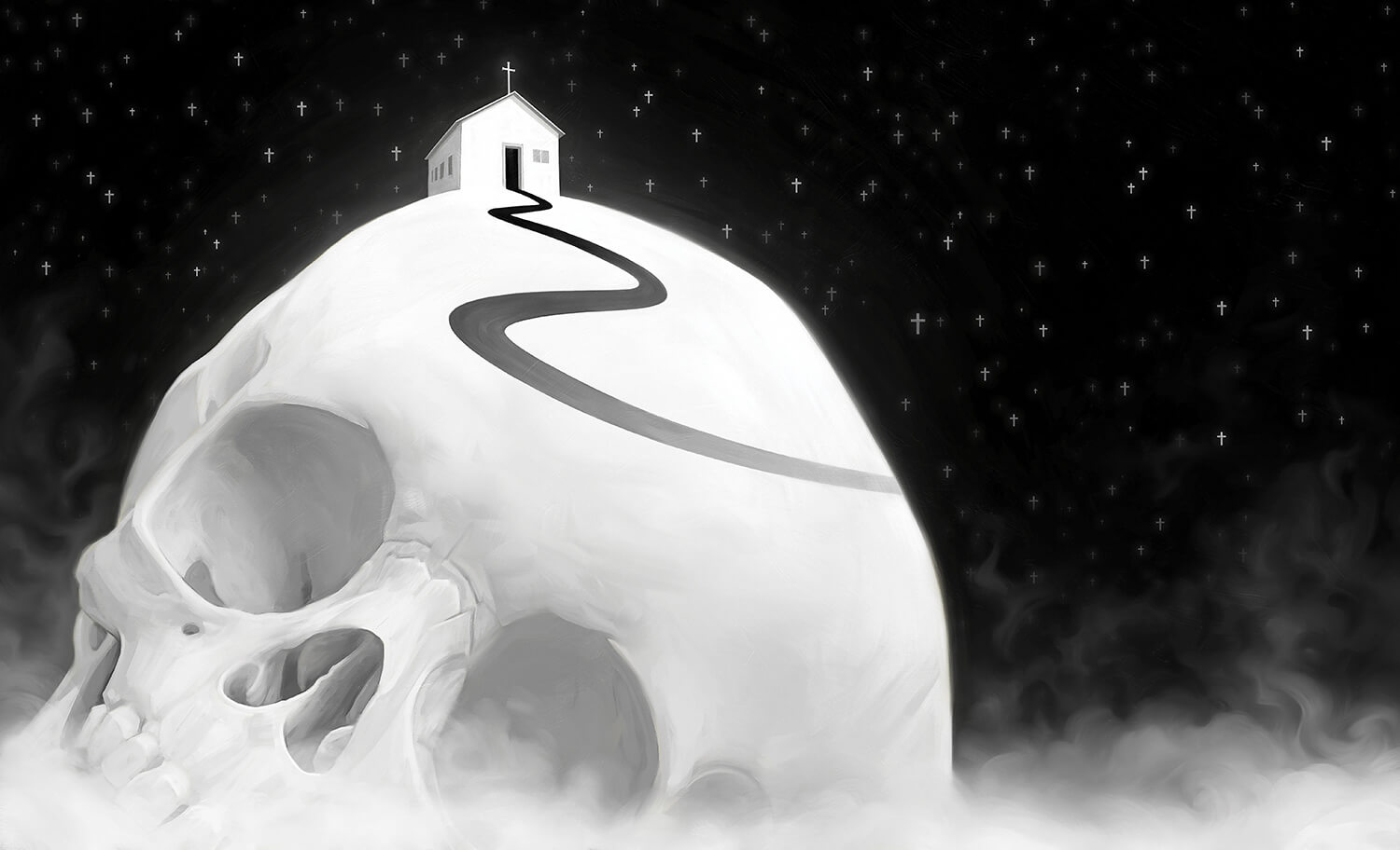 RezSchools_Skull_ChurchOntop_BW_Illo