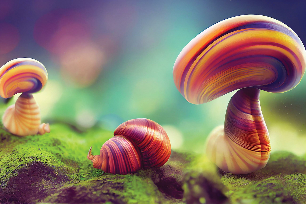 Uniqueness, a multi-colored snail takes off on a rocket against the background of snails. Competitive advantage, standing out from the crowd, thinking outside the box. 3D render, 3D. Generative AI
