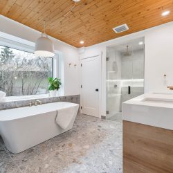 Spaces_Bathroom_White_Tub_Tile_WoodCeiling