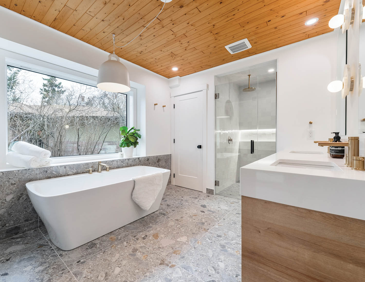 Spaces_Bathroom_White_Tub_Tile_WoodCeiling