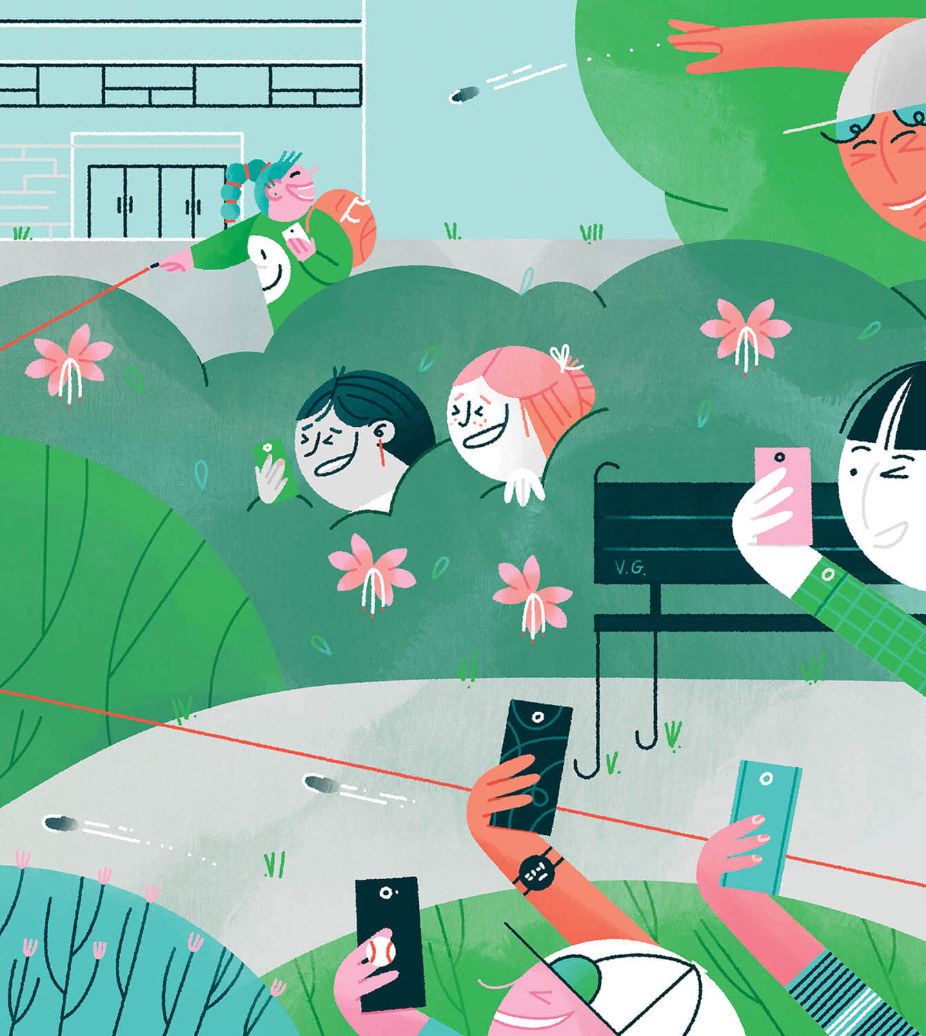 Stage_HappyPeopleInPark_PhonesOut_CouplesHeadsInBush_Illo