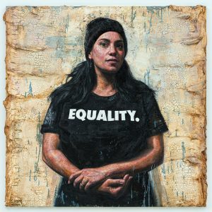 Painting of a Black woman in a black toque and black 