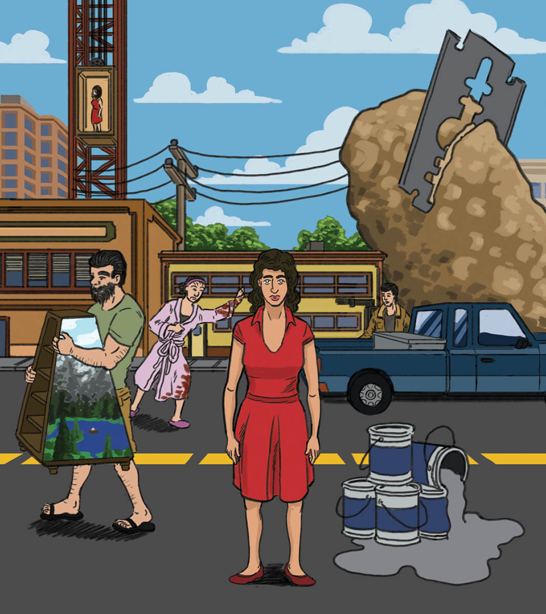 Stage_ShortStory_Woman_RedDressOn Road_PotatoWithRazorBlade