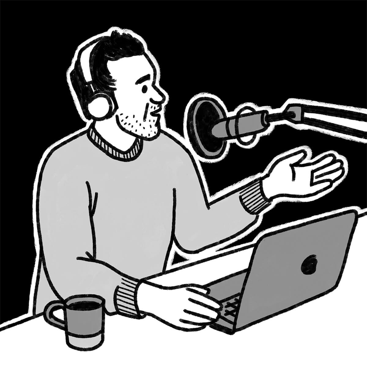 Tez_Talks_RadioAnnouncer_Illo_BW