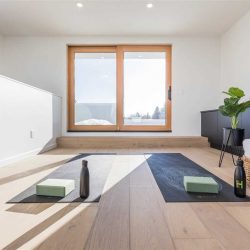 Interior loft looking out to patio through light-wood framed doors; white oak floor with two black yoga mats; white ceiling and walls; green plant on the right in front of black cabinets