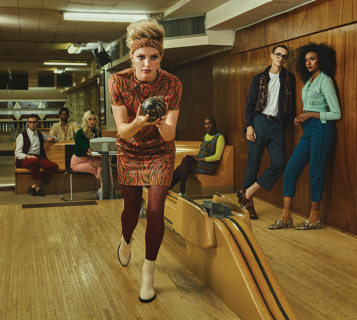 WomanBowling_RedMiniDress