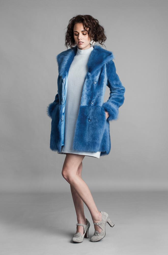 Malorie Urbanovitch dress, $495, from gravitypope Tailored Goods; Chie Mihara heels, $440, from gravitypope; Hide Society Shearling coat, $3,499, from Morris Furs; A Peace Treaty earrings, $155, from Red Ribbon.