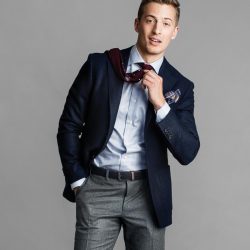 Offal Goods pocket square, $20, from Barber Ha; Canali trousers, $395, from Henry Singer, Canali jacket, $1,495, from Henry Singer; Ermenegildo Zegna shirt, $375, Henry Singer.