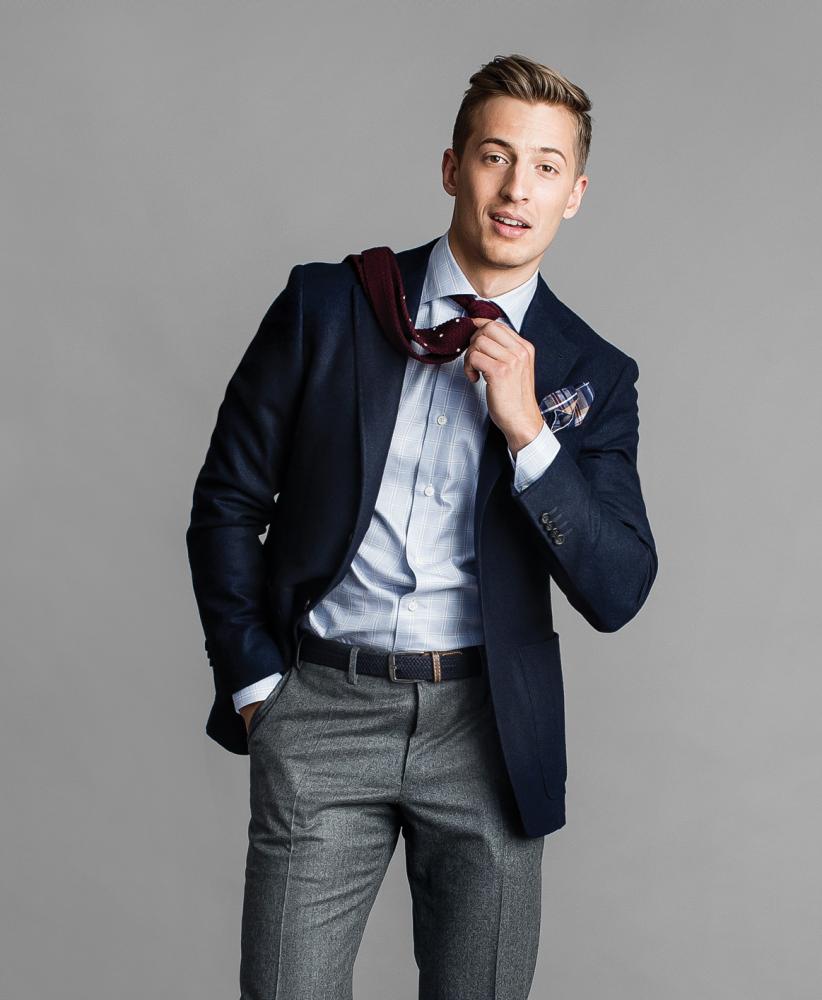 Offal Goods pocket square, $20, from Barber Ha; Canali trousers, $395, from Henry Singer, Canali jacket, $1,495, from Henry Singer; Ermenegildo Zegna shirt, $375, Henry Singer.